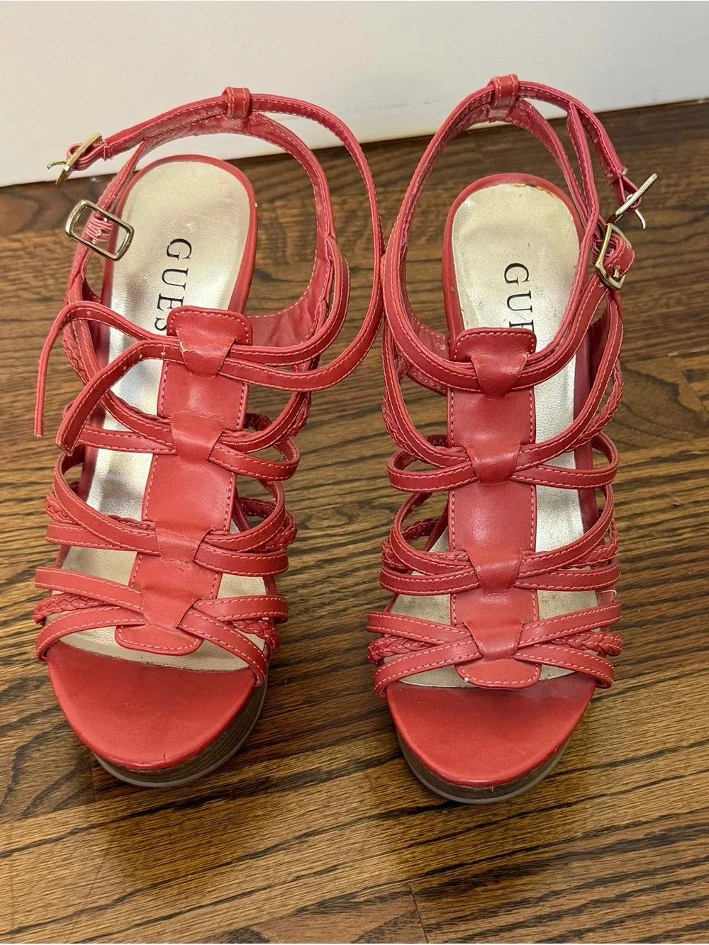 GUESS Coral Red Strappy Platform Heels